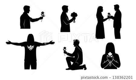 Black Solid Giving Flowers Silhouettes Set of Six on White Background Black Solid Giving Flowers Silhouettes Set of Six on White Background 138362201