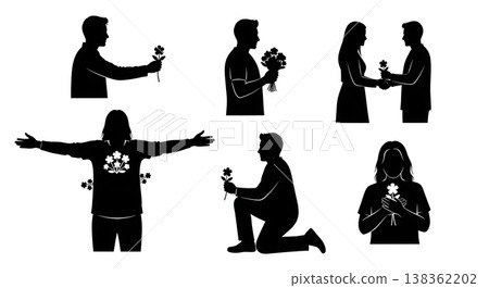 Black Solid Giving Flowers Silhouettes Set of Six on White Background 138362202