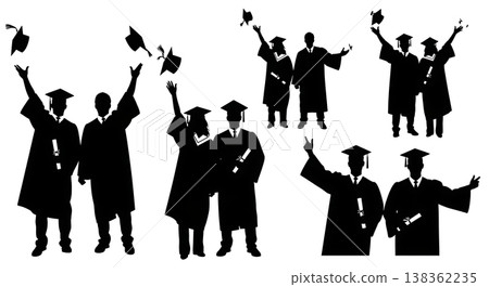 Black Solid Graduation Ceremony Silhouettes Set of Six on White Background 138362235