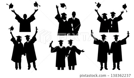 Black Solid Graduation Ceremony Silhouettes Set of Six on White Background Black Solid Graduation Ceremony Silhouettes Set of Six on White Background 138362237