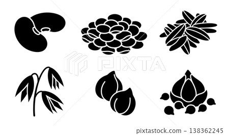 Black Solid Grain and Legume Silhouettes Set of Six on White Background Black Solid Grain and Legume Silhouettes Set of Six on White Background 138362245