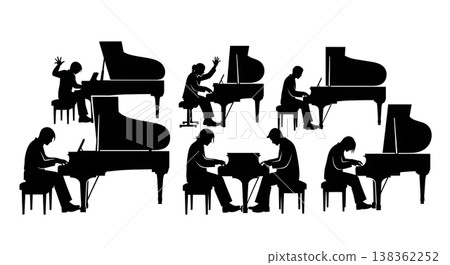 Black Solid Piano Player Silhouettes Set of Six on White Background Black Solid Piano Player Silhouettes Set of Six on White Background 138362252