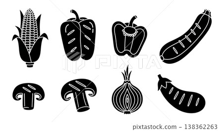 Black Solid Grilled Vegetables Silhouettes Set of Six on White Background Black Solid Grilled Vegetables Silhouettes Set of Six on White Background 138362263