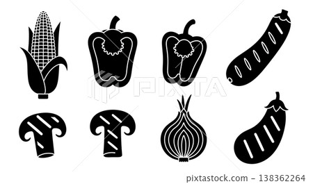 Black Solid Grilled Vegetables Silhouettes Set of Six on White Background Black Solid Grilled Vegetables Silhouettes Set of Six on White Background 138362264