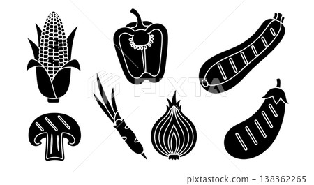 Black Solid Grilled Vegetables Silhouettes Set of Six on White Background Black Solid Grilled Vegetables Silhouettes Set of Six on White Background 138362265