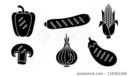 Black Solid Grilled Vegetables Silhouettes Set of Six on White Background Black Solid Grilled Vegetables Silhouettes Set of Six on White Background 138362266