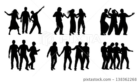Black Solid Group Dancing Silhouettes Set of Six on White Background 138362268
