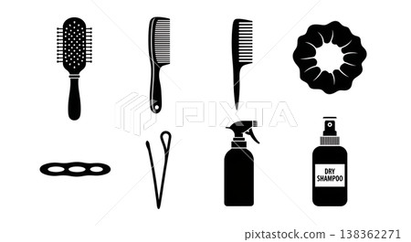 Black Solid Personal Hair Care Products Silhouettes Set of Six on White Background 138362271