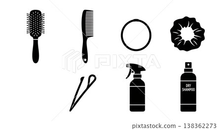 Black Solid Personal Hair Care Products Silhouettes Set of Six on White Background 138362273