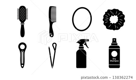 Black Solid Personal Hair Care Products Silhouettes Set of Six on White Background Black Solid Personal Hair Care Products Silhouettes Set of Six on White Background 138362274