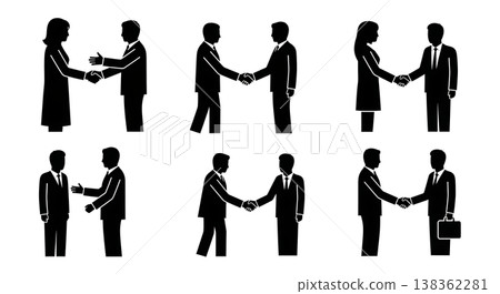 Black Solid Handshake Agreement Silhouettes Set of Six on White Background 138362281