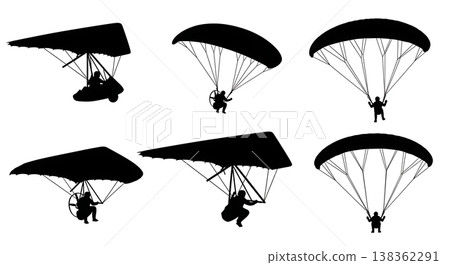 Black Solid Recreational Hang Gliders and Paragliders Silhouettes Set of Six on White Background 138362291
