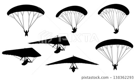 Black Solid Recreational Hang Gliders and Paragliders Silhouettes Set of Six on White Background 138362293