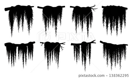 Black Solid Hanging Moss Silhouettes Set of Six on White Background Black Solid Hanging Moss Silhouettes Set of Six on White Background 138362295