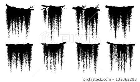 Black Solid Hanging Moss Silhouettes Set of Six on White Background Black Solid Hanging Moss Silhouettes Set of Six on White Background 138362298