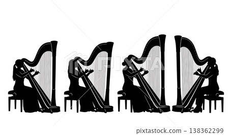 Black Solid Harpist Silhouettes Set of Six on White Background Black Solid Harpist Silhouettes Set of Six on White Background 138362299