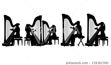 Black Solid Harpist Silhouettes Set of Six on White Background 138362300