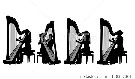 Black Solid Harpist Silhouettes Set of Six on White Background Black Solid Harpist Silhouettes Set of Six on White Background 138362301