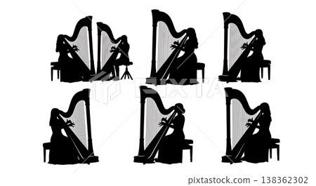 Black Solid Harpist Silhouettes Set of Six on White Background Black Solid Harpist Silhouettes Set of Six on White Background 138362302