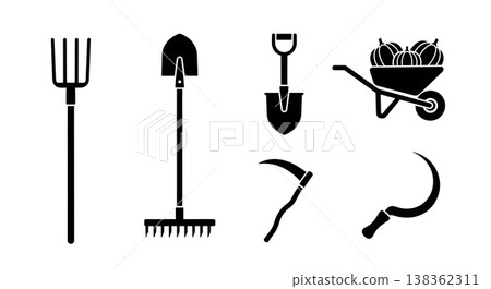 Black Solid Harvest and Farm Tool Silhouette Icon Pack Black Solid Harvest and Farm Tool Silhouette Icon Pack 138362311