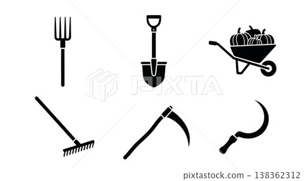 Black Solid Harvest and Farm Tool Silhouette Icon Pack 138362312