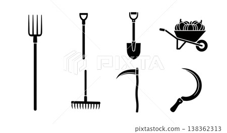 Black Solid Harvest and Farm Tool Silhouette Icon Pack 138362313