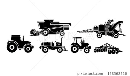 Black Solid Farm Harvest Machinery and Vehicle Silhouettes 138362316