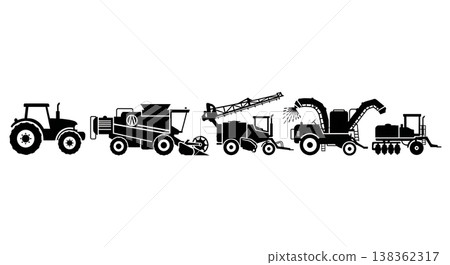 Black Solid Farm Harvest Machinery and Vehicle Silhouettes 138362317