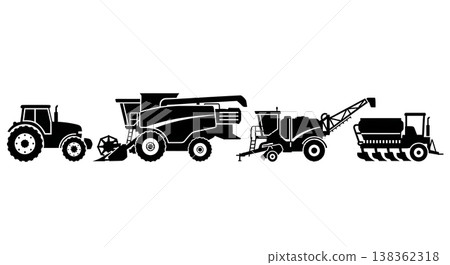 Black Solid Farm Harvest Machinery and Vehicle Silhouettes 138362318