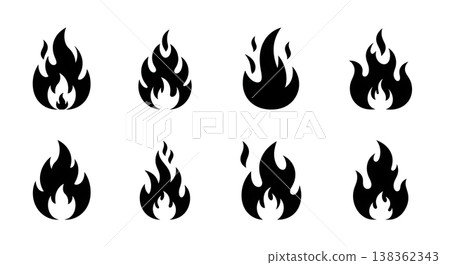 Black Solid Heat Plume Fire Silhouettes Set of Six on White Background Black Solid Heat Plume Fire Silhouettes Set of Six on White Background 138362343
