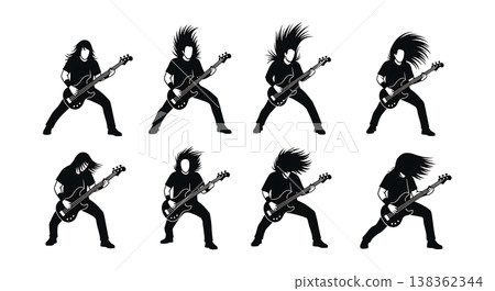 Black Solid Metal Bassist Silhouettes Set of Six on White Background 138362344