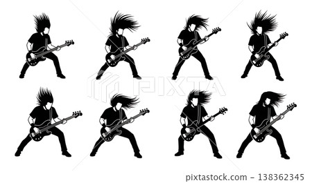 Black Solid Metal Bassist Silhouettes Set of Six on White Background Black Solid Metal Bassist Silhouettes Set of Six on White Background 138362345