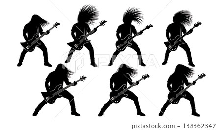 Black Solid Metal Bassist Silhouettes Set of Six on White Background 138362347
