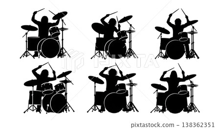 Black Solid Drummer Silhouettes Set of Six on White Background Black Solid Drummer Silhouettes Set of Six on White Background 138362351