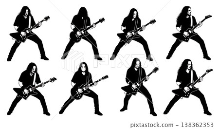 Black Solid Metal Guitarist Silhouettes Set of Six on White Background 138362353
