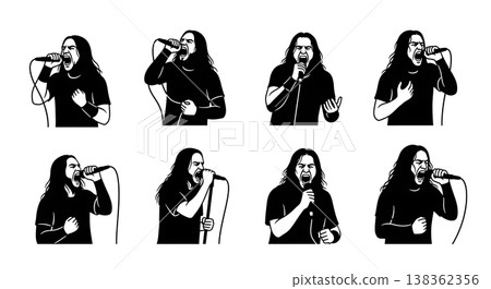 Black Solid Metal Singer Silhouettes Set of Six on White Background Black Solid Metal Singer Silhouettes Set of Six on White Background 138362356
