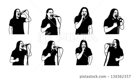 Black Solid Metal Singer Silhouettes Set of Six on White Background Black Solid Metal Singer Silhouettes Set of Six on White Background 138362357