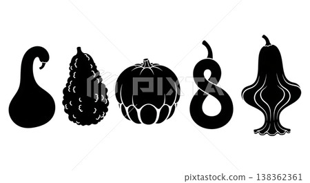 Black Solid Heirloom Gourd and Squash Silhouettes Collection of Six 138362361
