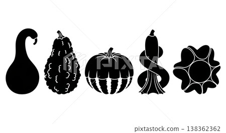 Black Solid Heirloom Gourd and Squash Silhouettes Collection of Six Black Solid Heirloom Gourd and Squash Silhouettes Collection of Six 138362362