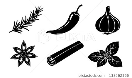 Black Solid Herb and Spice Silhouettes Set of Six on White Background Black Solid Herb and Spice Silhouettes Set of Six on White Background 138362366