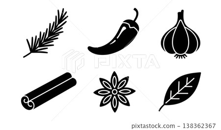 Black Solid Herb and Spice Silhouettes Set of Six on White Background Black Solid Herb and Spice Silhouettes Set of Six on White Background 138362367