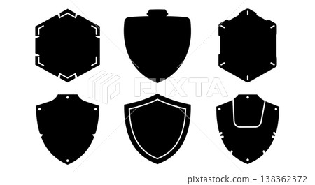 Black Solid Hexagonal Tile Silhouettes Set of Six on White Background Black Solid Hexagonal Tile Silhouettes Set of Six on White Background 138362372