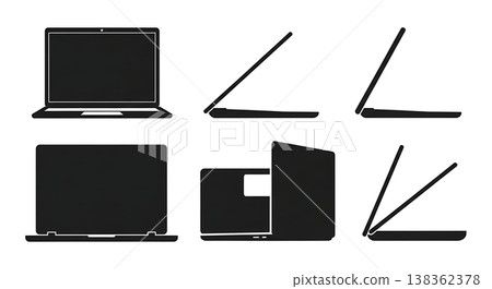 Black Solid Professional Laptop Silhouettes Set of Six on White Background Black Solid Professional Laptop Silhouettes Set of Six on White Background 138362378