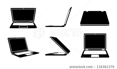Black Solid Professional Laptop Silhouettes Set of Six on White Background Black Solid Professional Laptop Silhouettes Set of Six on White Background 138362379