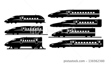 Black Solid High-Speed Bullet Trains and Maglev Trains Silhouettes Set of Six on White Background 138362380