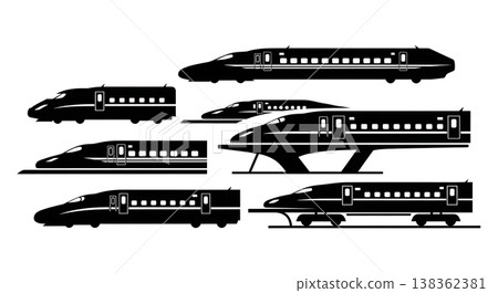 Black Solid High-Speed Bullet Trains and Maglev Trains Silhouettes Set of Six on White Background Black Solid High-Speed Bullet Trains and Maglev Trains Silhouettes Set of Six on White Background 138362381