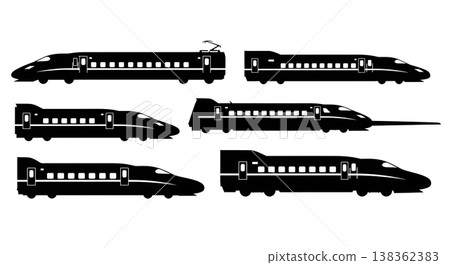 Black Solid High-Speed Bullet Trains and Maglev Trains Silhouettes Set of Six on White Background Black Solid High-Speed Bullet Trains and Maglev Trains Silhouettes Set of Six on White Background 138362383