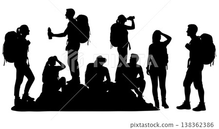 Black Solid Hiker Rest Silhouettes Set of Six on White Background Black Solid Hiker Rest Silhouettes Set of Six on White Background 138362386