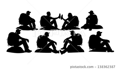 Black Solid Hiker Rest Silhouettes Set of Six on White Background 138362387