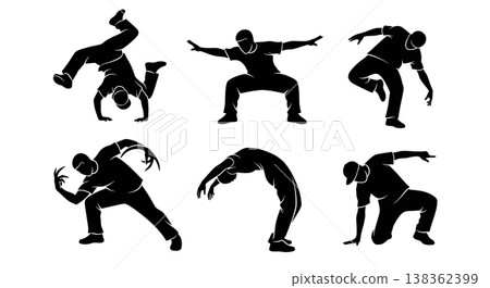 Black Solid Locking Dance Silhouettes Set of Six on White Background Black Solid Locking Dance Silhouettes Set of Six on White Background 138362399